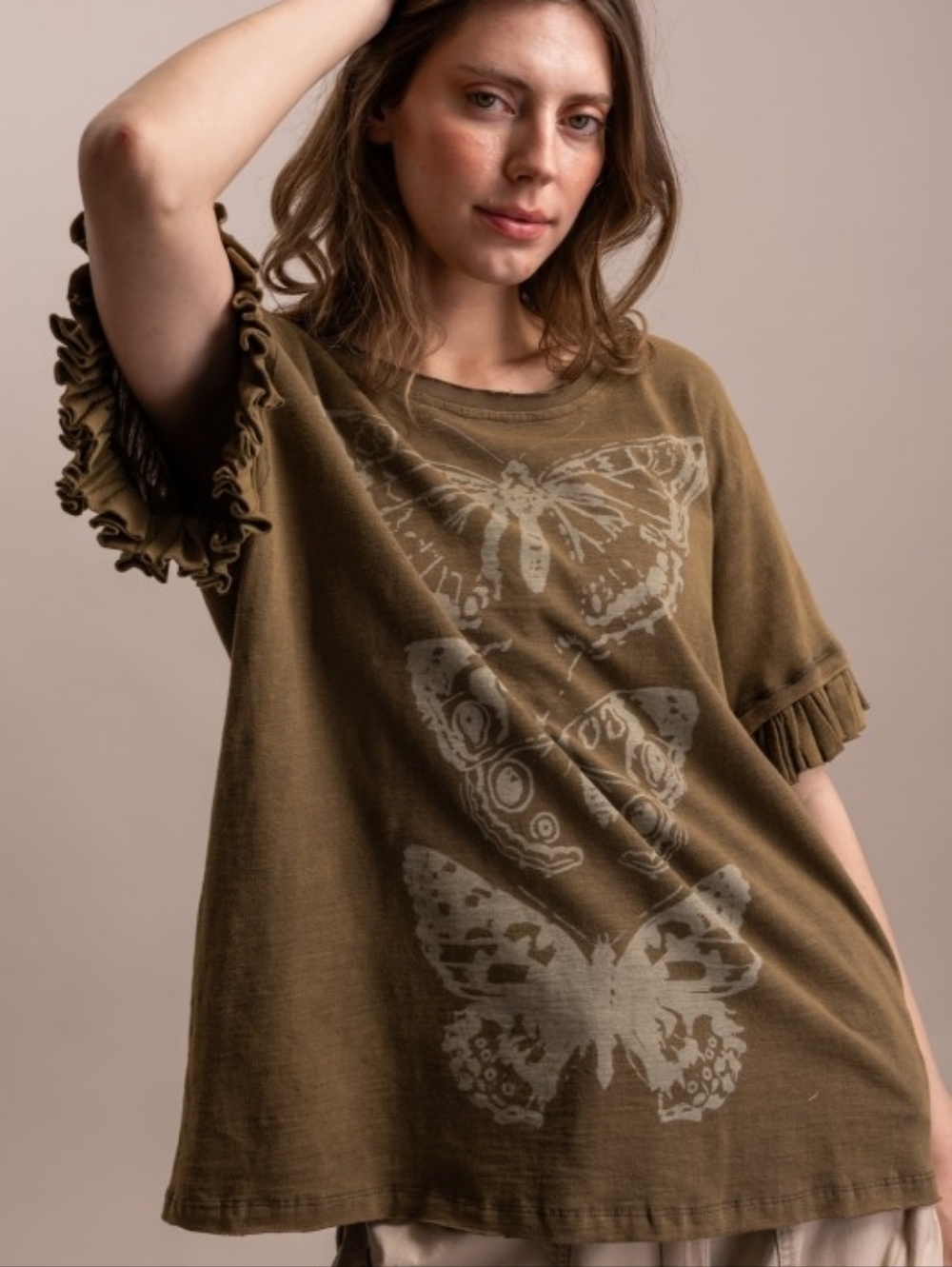 BV22 The KENDRA Relaxed Olive Butterfly Graphic Tee Razor Cut and Ruffled Sleeve